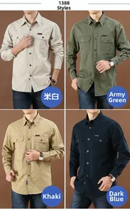 Mens long sleeve work shirts in beige, olive, khaki and navy with double chest pockets