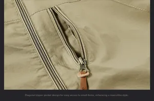 Close-up of a diagonal metal zipper pocket on a khaki outdoor jacket with leather puller