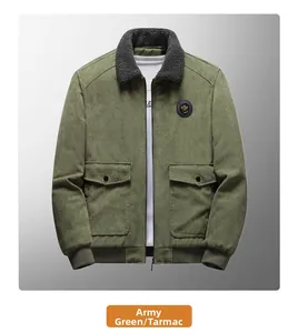Detail of military green corduroy jacket with gray sherpa collar and round patch