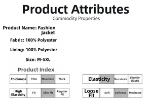 Size chart and fabric details for polyester camping jacket showing fit and specifications