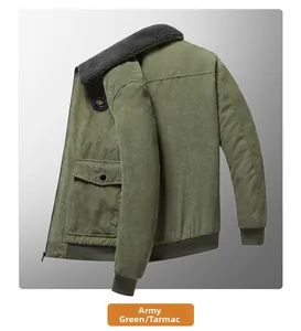 Macro detail of army green corduroy jacket with thick fleece collar and ribbed cuffs