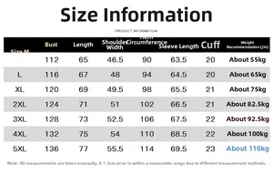Detailed size chart for men's casual jacket showing measurements from M to 5XL sizes