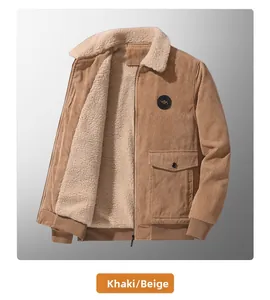 Detailed view of beige corduroy jacket featuring plush shearling collar and chest pocket