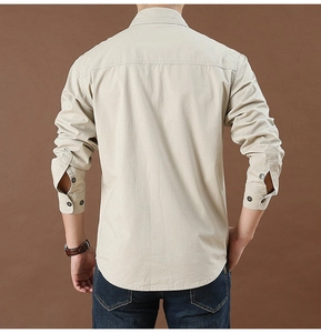 Back view of beige men's casual heavy cotton shirt showing yoke stitching and buttoned cuffs