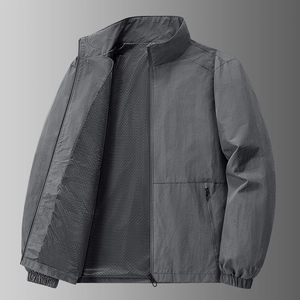 Men's stylish grey windbreaker jacket with stand collar and breathable mesh lining