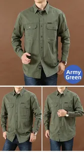 Detailed view of army green men's casual cargo shirt with flap pockets and buttons