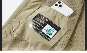Detail of khaki jacket with breathable mesh lining and secure interior zipper pocket