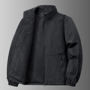 Men's black windproof jacket with standing collar and breathable mesh lining