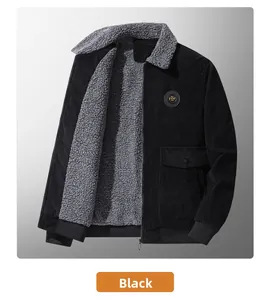 Detail view of black corduroy jacket with gray faux lamb wool lining and TOP chest badge