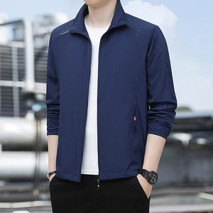Men's navy blue ice silk sun protection jacket with high collar and outdoor print