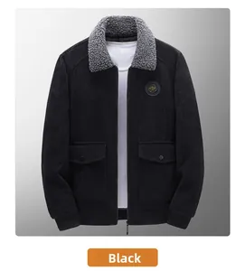 Detail of black corduroy jacket showing grey sherpa collar and top patch branding
