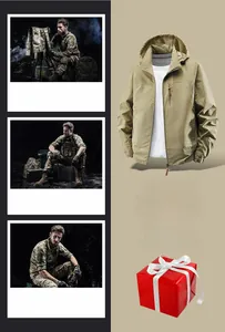 Detail of khaki men tactical hooded jacket with windproof fabric and multi-pockets