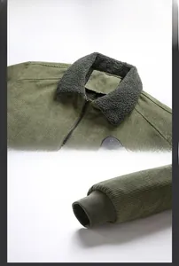 Detail view of the lamb wool collar and corduroy fabric on a men's casual winter jacket