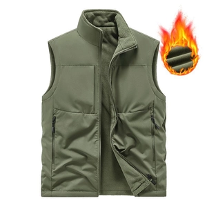 Army green fleece-lined warm tactical vest for men with stand collar and zipper pockets