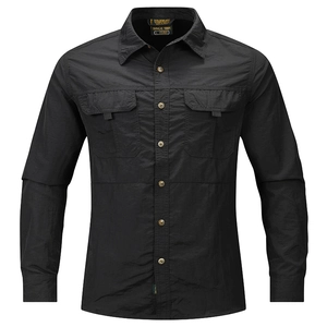 Detail of black tactical shirt featuring classic collar and functional double chest pockets