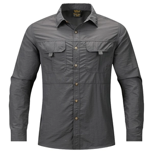 Detailed front view of men's dark grey workwear shirt with dual chest pockets