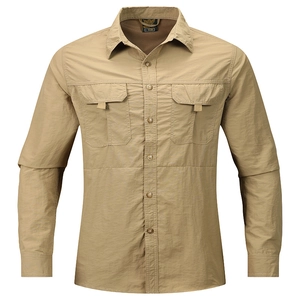 Close-up of khaki casual shirt featuring standard collar, buttons, and utility chest pockets