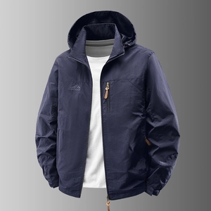 Men's dark blue hooded windbreaker jacket with outdoor mountain logo and front zipper