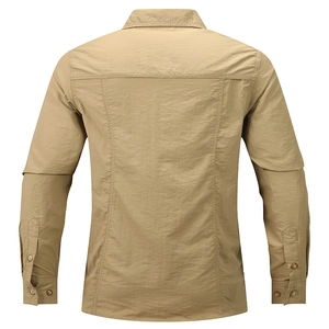 Close-up of the back panel stitching and fabric texture on a khaki men's casual shirt