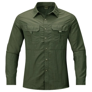 Detail of army green cargo shirt showing collar tags, double chest pockets and fabric texture