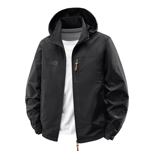 Men's black outdoor hooded windbreaker jacket with outdoor embroidery and leather zipper pull
