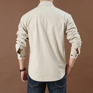Men's casual long sleeve shirt in beige, high-quality fabric, back view on a male model