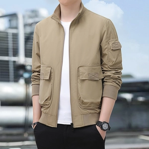 Men's khaki outdoor utility jacket with multi-pocket design and standing collar style