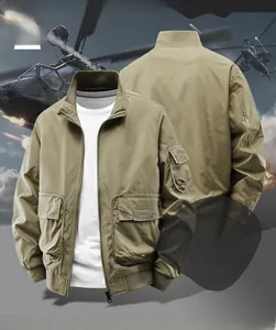 Detail of khaki flight jacket with stand collar, utility arm pocket and ribbed cuffs