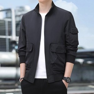 Men's black urban outdoor tactical jacket with stand collar and large cargo pockets