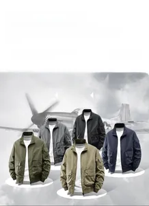 Close-up of stand-collar flight jacket details with large utility pockets and ribbed cuffs