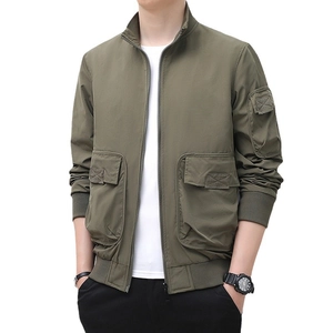 Army green tactical jacket with stand collar and functional pockets for casual camping