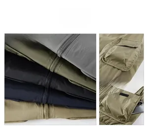 Detail of bomber jacket with zipper pockets in grey, green, black, navy, and khaki colors