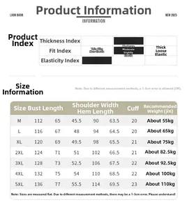Detailed size chart for men's bomber jacket showing chest, length, and weight guidelines