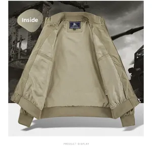 Detail view of khaki bomber jacket interior featuring functional inner pockets and rib knit cuffs