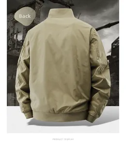Back view of men's bomber jacket with stand collar and ribbed hem in khaki finish