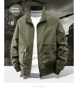 Army green flight jacket detail with flap pockets and utility sleeve pocket