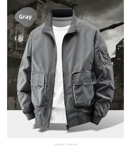 Detailed view of gray military bomber jacket featuring utility flap pockets and ribbed cuffs