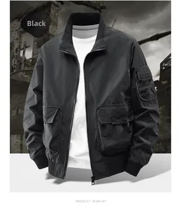 Front view detail of a black bomber jacket with utility pockets and rib-knit trim
