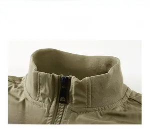 Close-up of olive green flight jacket showing ribbed stand collar and metal zipper