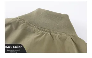 Detail of olive green bomber jacket neckline featuring ribbed fabric and neat stitching