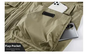 Detail of khaki jacket showing flap pocket and secure storage for a mobile phone