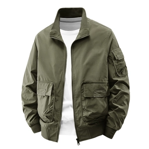 Men's olive green flight jacket with stand collar and classic military utility pockets