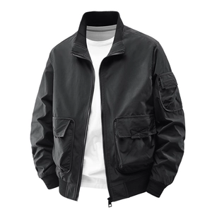 Men's black bomber jacket with stand collar and large cargo pockets for casual wear