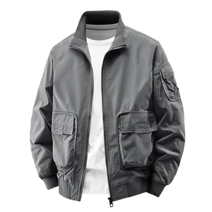 Men's dark grey bomber jacket with stand collar and utility flap pockets on white background