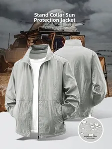 Detail view of water-resistant fabric on gray lightweight sun protection jacket