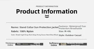 Detailed chart showing 100% nylon UV protection sun coat features and size guide
