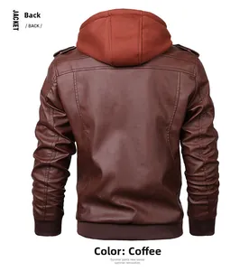 Vista posteriore di una giacca da moto marrone in ecopelle con cappuccio rosso rimovibile
