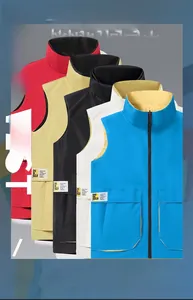 Detail view of multi-color casual utility vests featuring cargo pockets and zipper closure