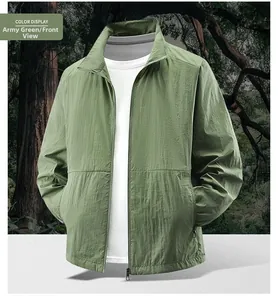 Detail view of army green UPF50+ sun protection jacket with ripstop texture
