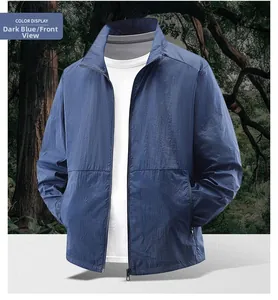 Detail view of navy blue windbreaker jacket with stand collar and textured fabric